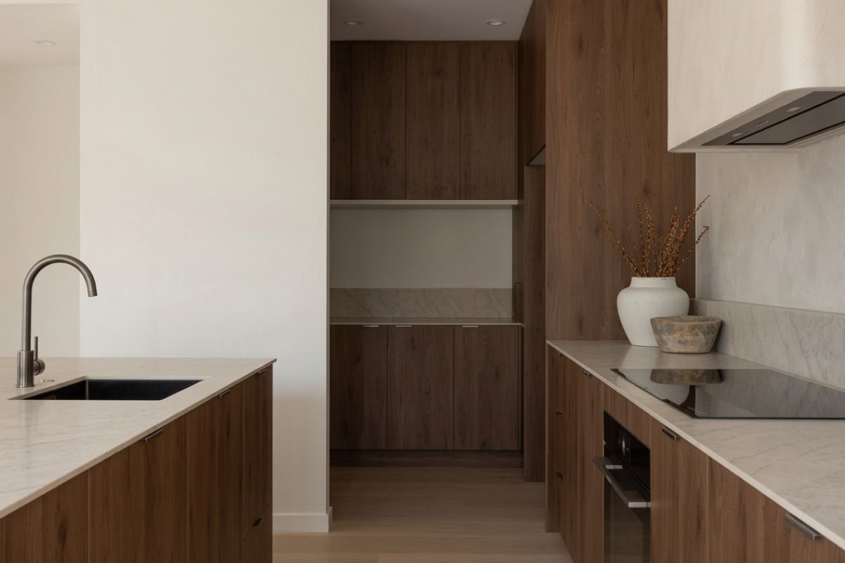Cocina a medida en roble con mesada de mármol blanco y despensa integrada