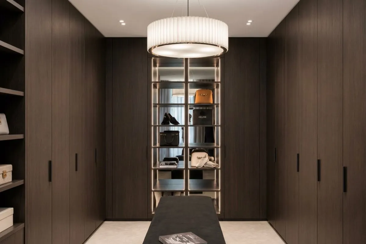 Vestidor a medida con vitrina iluminada y frentes oscuros